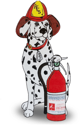 A Dalmatian next to a fire extinguisher, the logo of fire extinguisher service Apartment Fire Extinguisher Service, Inc. in Jacksonville, FL